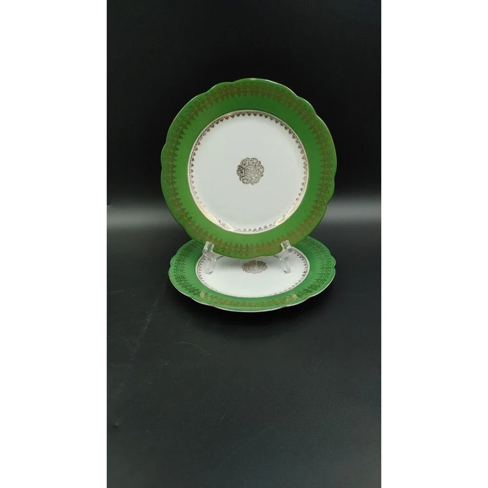 Pair 2 Vintage John Wanamaker & Co Austria Scalloped Edge Plate Green Gold 7.5